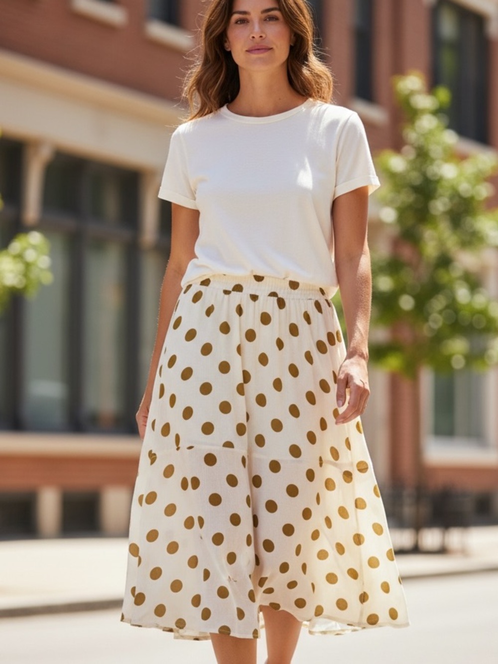 Women’s Cream Maxi Skirt with dark Mustard Polka Dots NWT